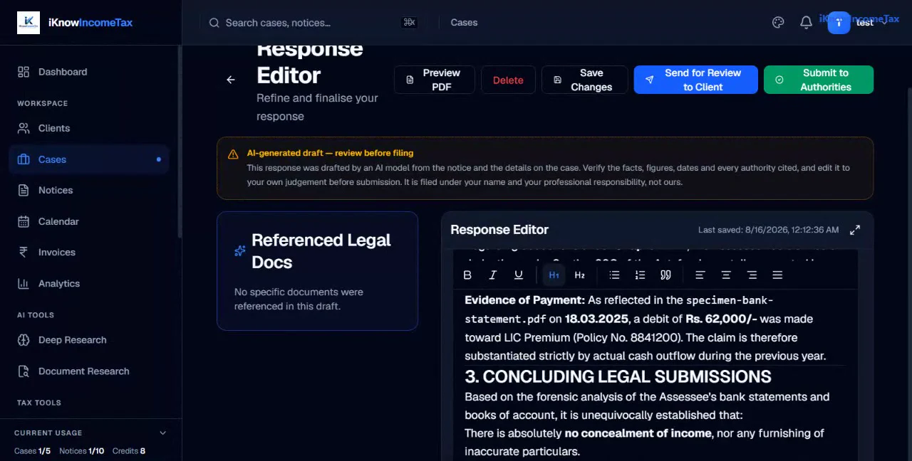 The response editor holding a drafted reply with legal submissions and evidence references, under a banner reading "AI-generated draft — review before filing", with Preview PDF, Send for Review to Client and Submit to Authorities actions.